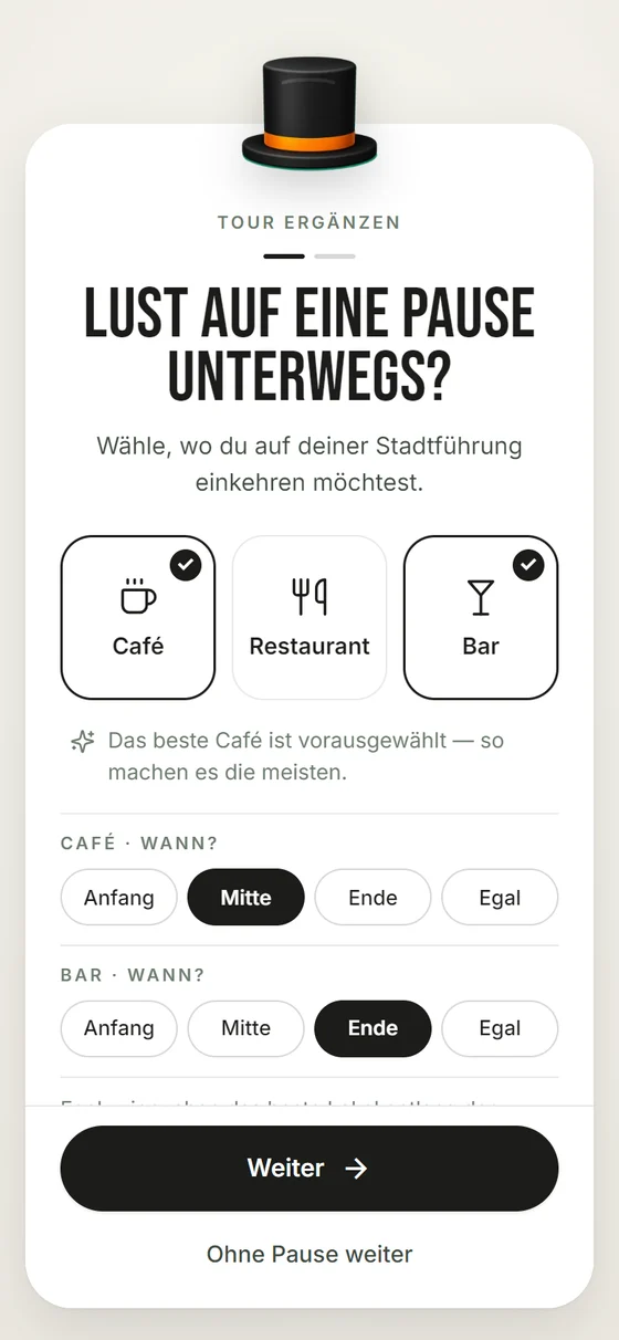 Pause einplanen: Café zur Mitte, Bar zum Ende der Runde