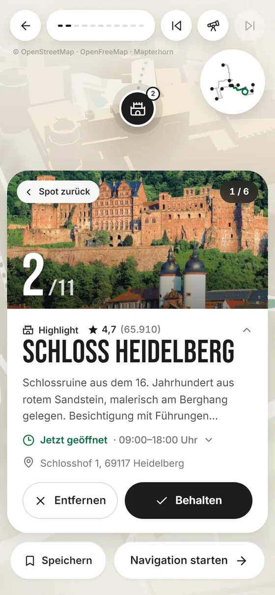 Rundflug-Halt am Schloss Heidelberg: behalten oder entfernen